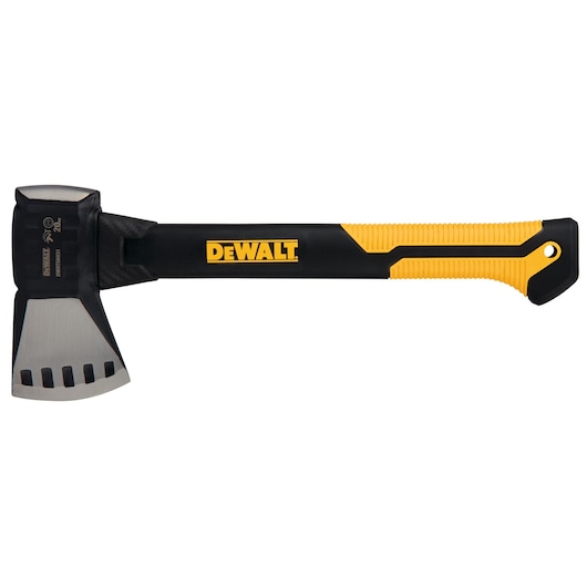 DEWALT axe with black and yellow handle, steel head, and grooves on blade, shown against a white background.