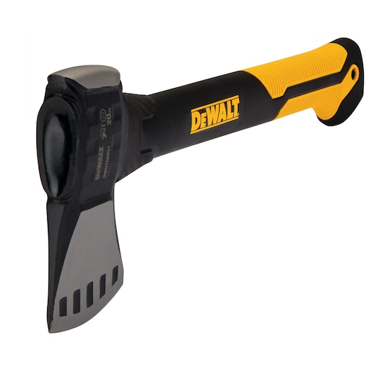 DEWALT axe with a black and yellow handle and a sharp metal blade, suitable for cutting wood or general use.
