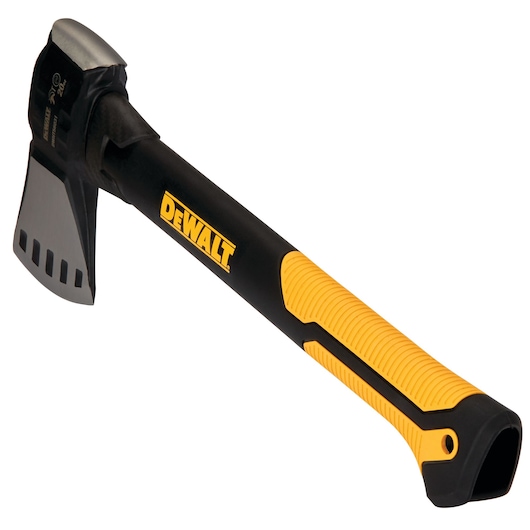 DEWALT hatchet with yellow and black ergonomic handle for chopping or splitting wood.