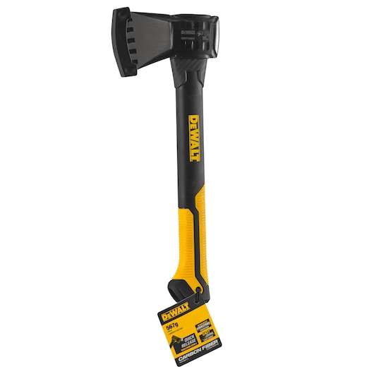 A DEWALT carbon fiber axe with a black and yellow handle, photographed vertically against a white background. A product tag is attached to the base of the handle.