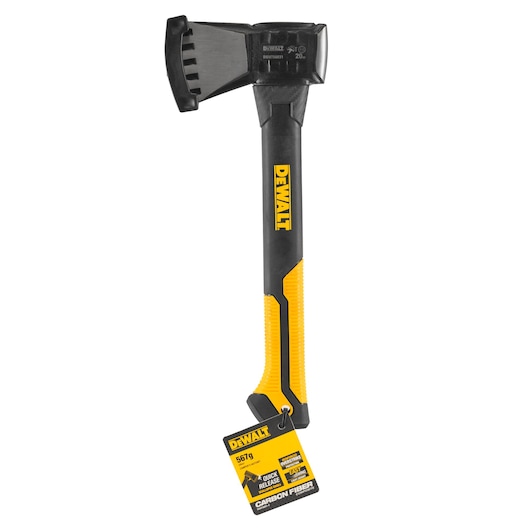 DEWALT branded axe with a black and yellow handle, featuring a carbon fiber construction and quick release system. A product label is attached to the handle.