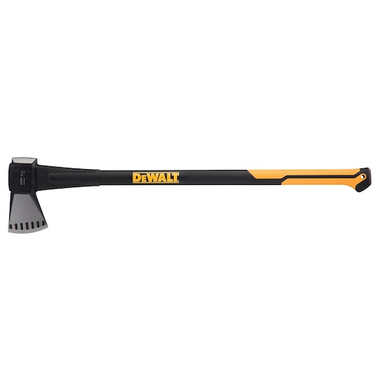 DEWALT axe with a black and yellow handle and steel head, designed for splitting and cutting wood.