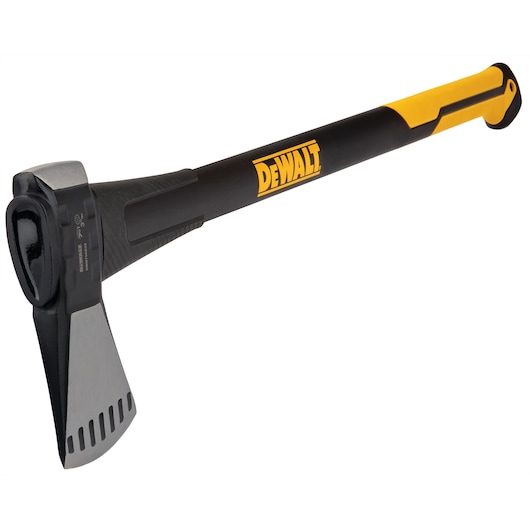 DEWALT splitting axe with black and yellow handle and steel blade, shown on a white background.