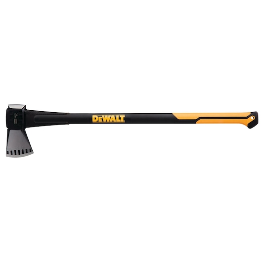 DEWALT splitting axe with black and yellow handle, wide blade, shown on white background.