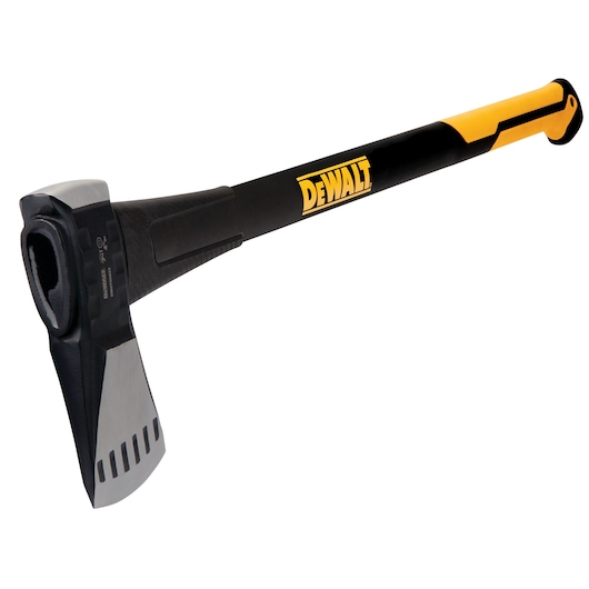 DEWALT axe with a black and yellow handle and a silver blade, shown isolated on a white background.
