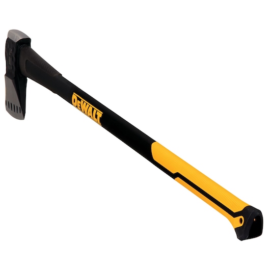 DEWALT splitting axe with black and yellow handle, shown diagonally on white background.