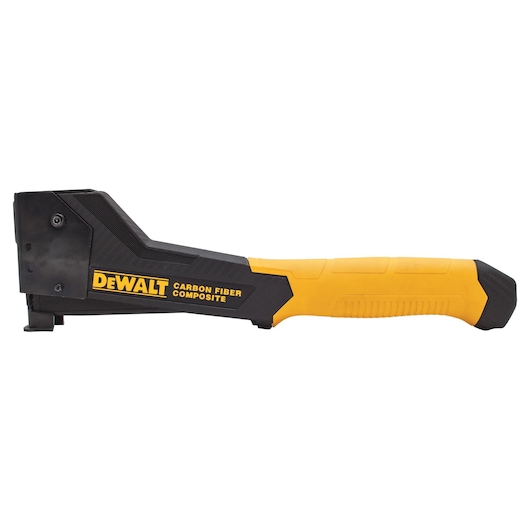DEWALT carbon fiber composite hammer stapler, yellow and black, side view against white background.