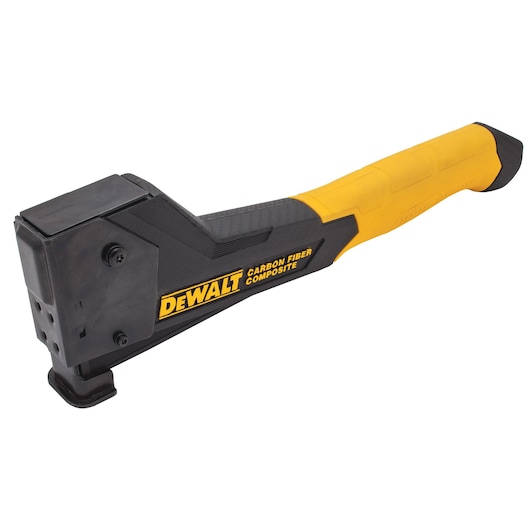 DEWALT carbon fiber composite hammer with yellow and black handle shown on white background.