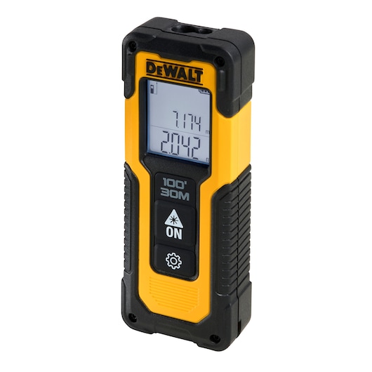 DEWALT DWHT77100 yellow and black laser distance measurer with display and buttons, 100 ft/30 m range.