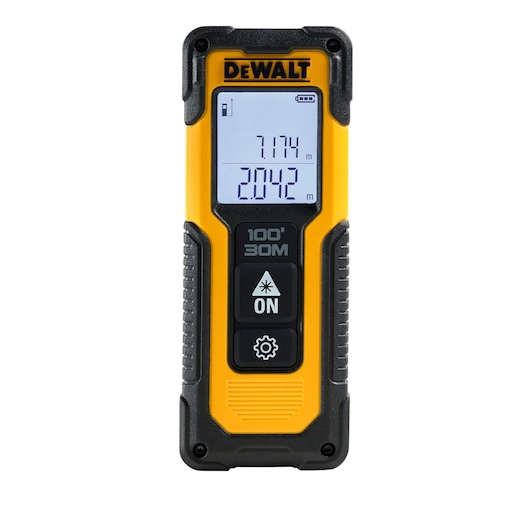 DEWALT DWHT77100 laser distance measurer with screen showing measurements in meters.