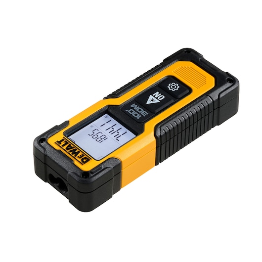 DEWALT DWHT77100 yellow and black laser distance measurer with LCD screen and control buttons.