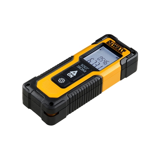DEWALT DWHT77100 yellow and black laser distance measurer with digital display screen.