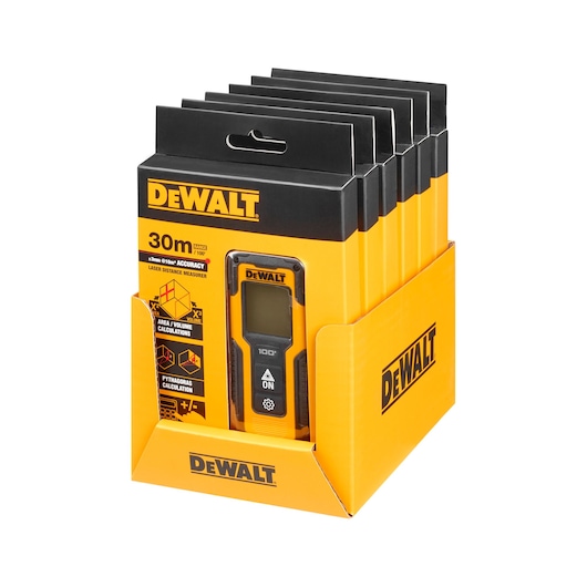 DEWALT laser distance measurer display box with multiple units in yellow and black packaging, 30m range.