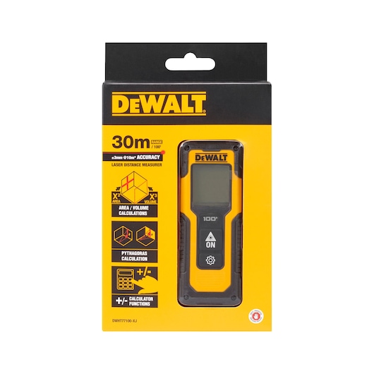 DEWALT laser distance measurer DWHT77100 in yellow packaging, features area and volume calculation.