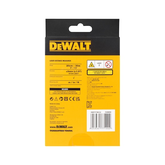 Back of a DEWALT laser distance measurer box with technical details, safety icons, barcode, and brand logo.