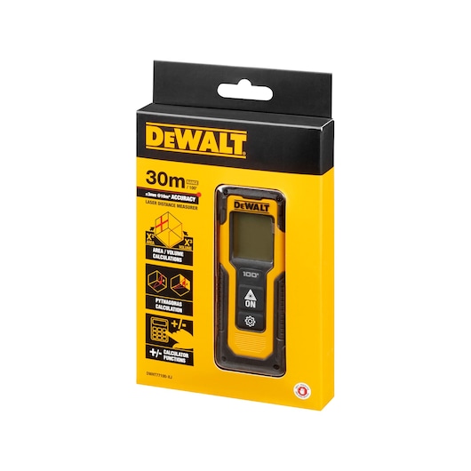DEWALT laser distance measurer in black and yellow packaging, with 30m range and calculation features shown.