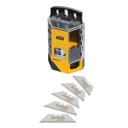 DEWALT DWHT8-11131 utility blade pack with yellow case and five loose replacement blades.