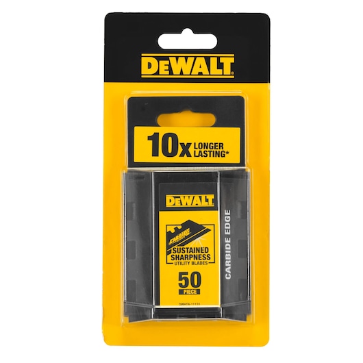 DEWALT package containing 50 carbide edge utility blades, advertised as lasting 10 times longer and offering sustained sharpness.