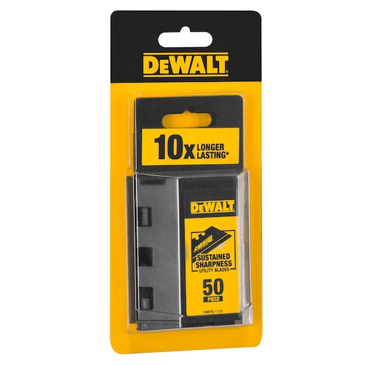 Packaged DEWALT utility blades, model DWHT8-11131, containing 50 pieces. The packaging highlights '10X longer lasting' and 'sustained sharpness'. The product is shown in a yellow and black blister pack.