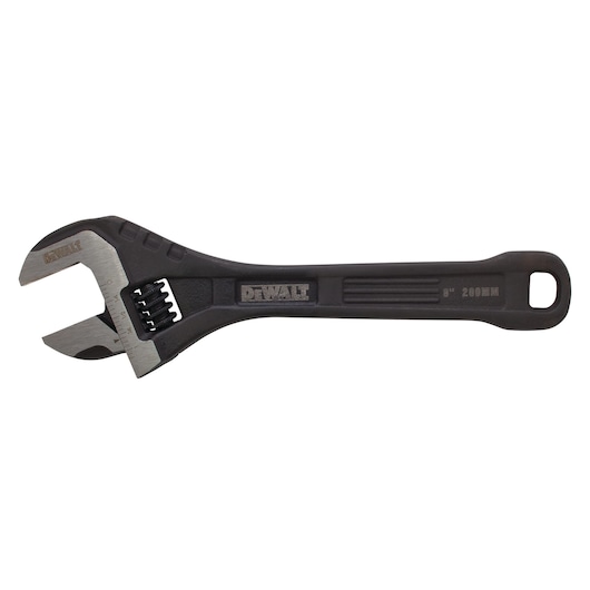 DEWALT adjustable wrench with a black handle and metal jaws, 8-inch size, shown against a white background.