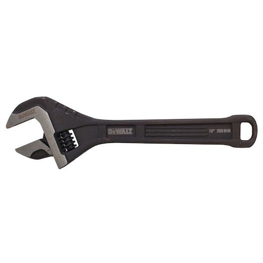 DEWALT adjustable wrench with black handle and metal jaw, measuring 10 inches or 250 mm.
