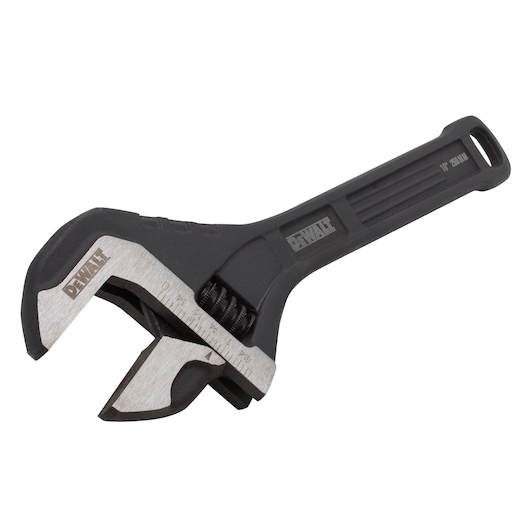 DEWALT adjustable wrench with black handle and silver jaw, suitable for tightening or loosening nuts and bolts.