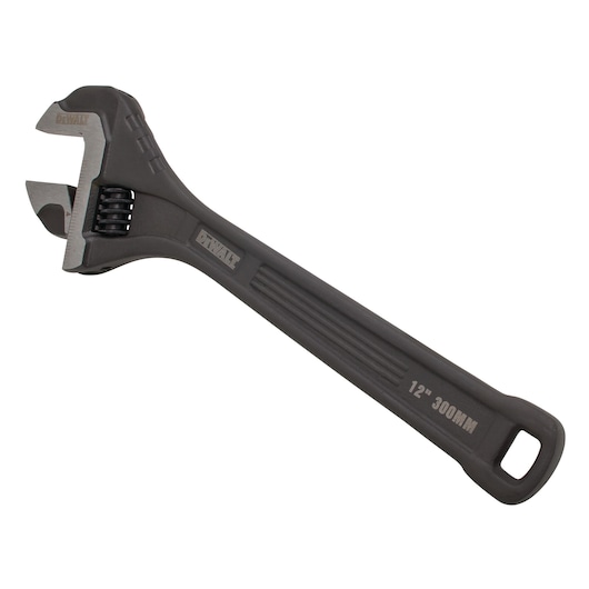 DEWALT adjustable wrench, 12 inch (300mm), black finish, with branded handle, isolated on white background.