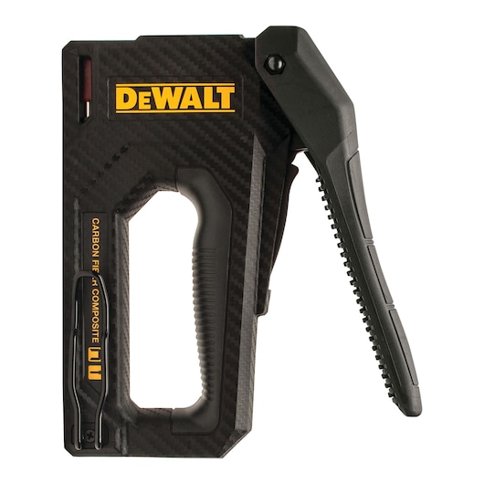 DEWALT carbon fiber composite stapler with yellow branding and ergonomic handle, shown against a white background.