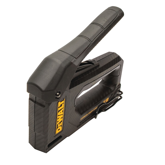 DEWALT carbon fiber staple gun with ergonomic handle, black and yellow design, side view.