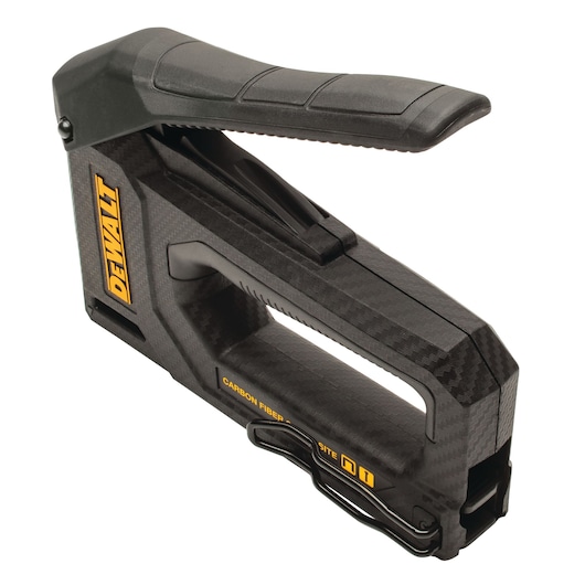 DEWALT carbon fiber hand stapler with ergonomic grip, shown angled on a white background.