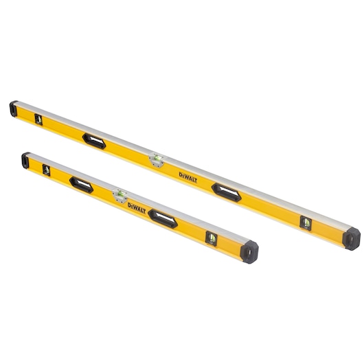 Two yellow DEWALT spirit levels with handles and bubble vials for measuring horizontal or vertical surfaces.