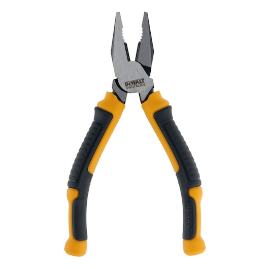 DEWALT pliers with yellow and black handles, model DWHT82808, shown on a white background.