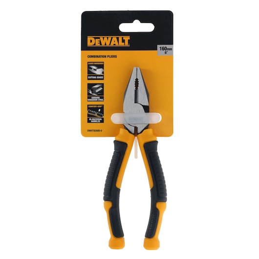 DEWALT 160mm combination pliers in retail packaging with black and yellow handles.