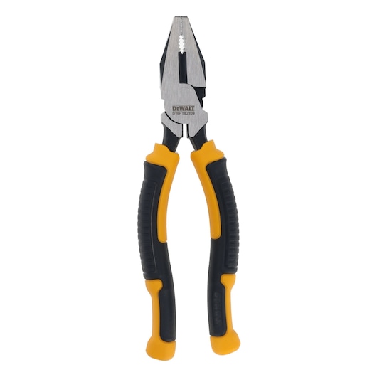 DEWALT combination pliers with yellow and black handles, model DWHT82809, on a white background.