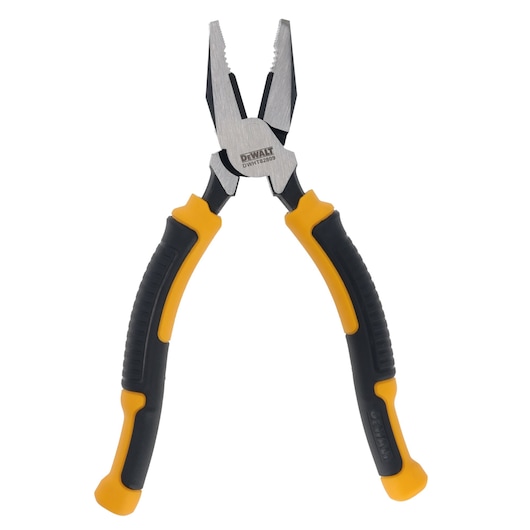 DEWALT pliers with black and yellow ergonomic handles, metal jaws, isolated on white background.