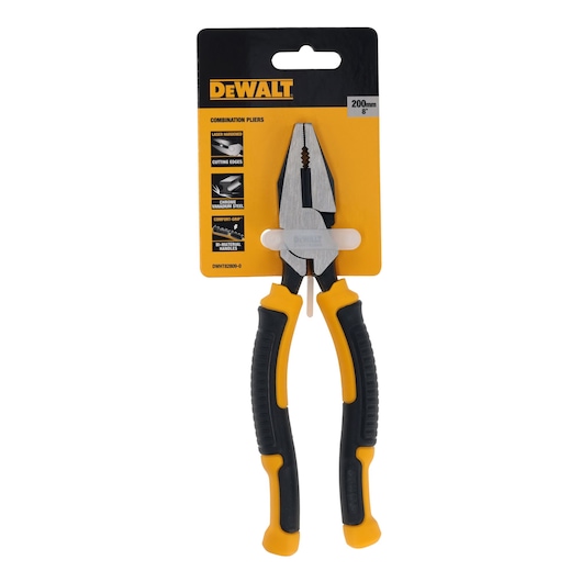 DEWALT combination pliers, 200mm, black and yellow handles, on branded packaging.