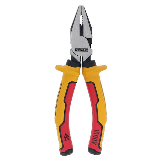 DEWALT insulated combination pliers with yellow and red handles, suitable for electrical work.
