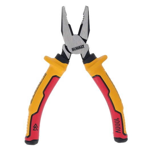 DEWALT pliers with insulated yellow and red handles, suitable for electrical and general use.