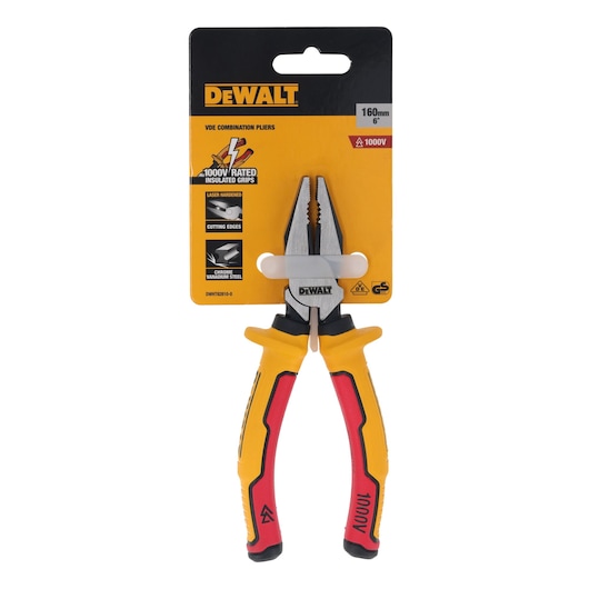 DeWalt VDE combination pliers with insulated grips, 160mm, chrome vanadium steel, packaged for retail display.