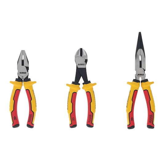 Three DEWALT pliers with yellow and red handles, displayed upright on a white background.