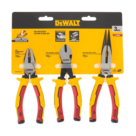 DEWALT VDE insulated cutting pliers set, three tools with yellow and red handles in retail packaging.