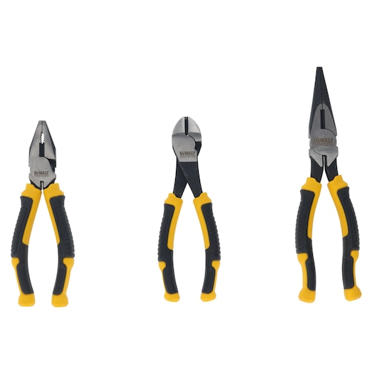 Three DEWALT pliers with yellow and black handles displayed upright on a white background.