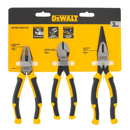 DEWALT cutting pliers set with three yellow and black pliers, packaged on a branded card.
