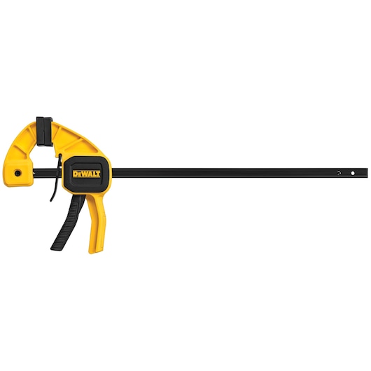 A DEWALT bar clamp with a yellow and black design, featuring a trigger grip for adjusting and securing materials.