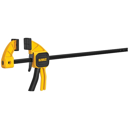 A DEWALT bar clamp with a yellow and black handle, used for securing objects tightly together in woodworking or construction projects.