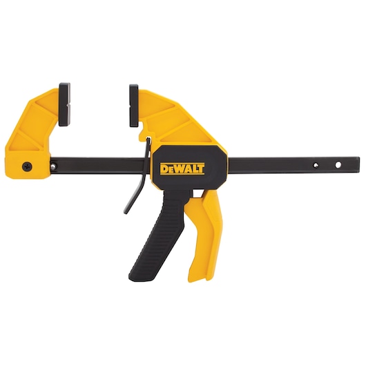 A DEWALT brand trigger clamp with yellow and black color, used for securing materials during woodworking or construction projects. The clamp features a pistol-grip handle for easy operation.
