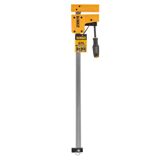 A DEWALT bar clamp with a yellow and black handle, a metal bar, and labeled as model DWHT83831-1. The clamp is designed for woodworking or construction use.