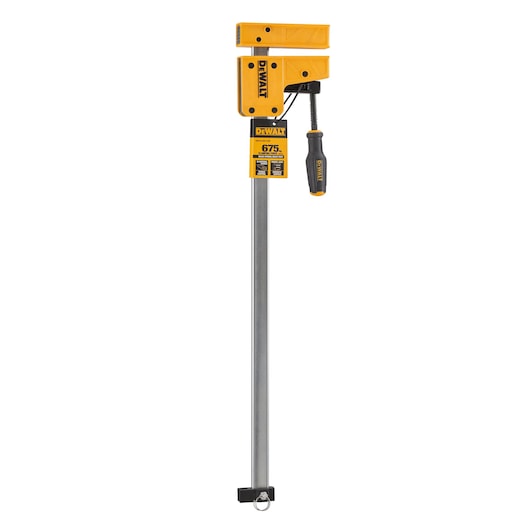 A DEWALT bar clamp with a yellow and black adjustable head and handle. The clamp is designed for woodworking and securing materials.