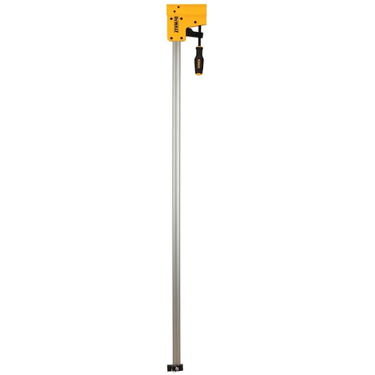 DEWALT bar clamp with yellow handle and metal shaft for woodworking or photography use.