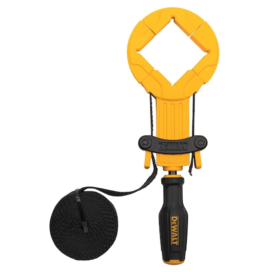 DEWALT yellow and black corner clamp tool with attached black rope, designed for woodworking or framing.
